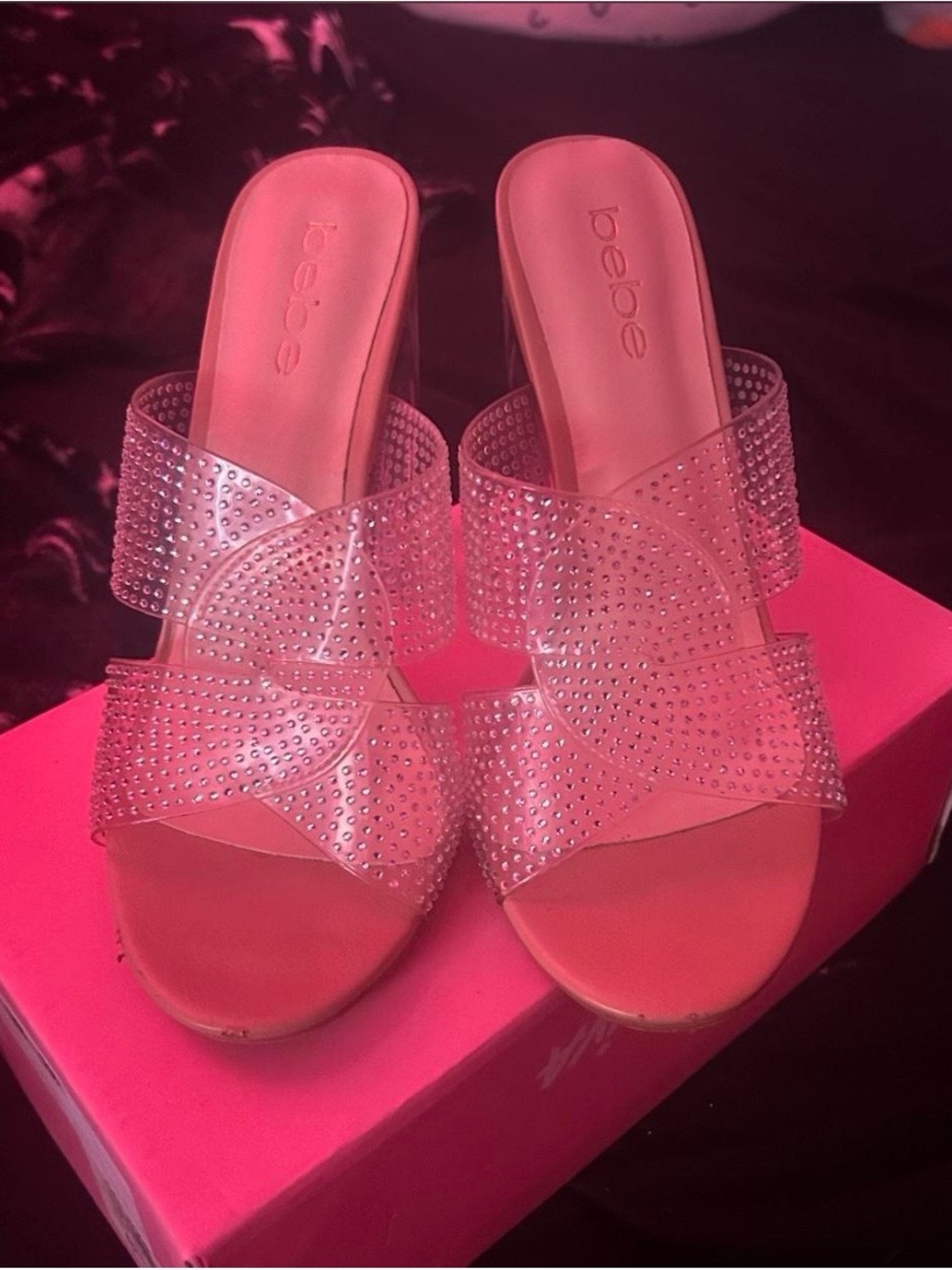 bebe Pink Rhinestone Slide Mules